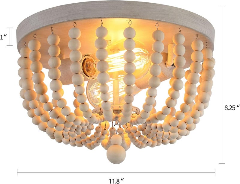 QS Boho Chandelier Wood Beaded Flush Mount Ceiling Light Fixtures for Nursery Baby Bedroom Kitchen Hallway,Oak White Finish,2-Lights - Image 3
